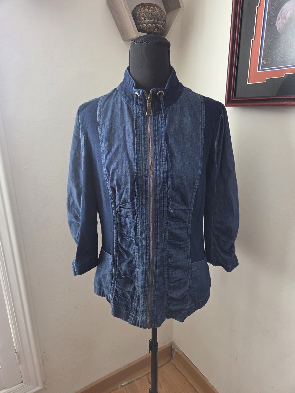 XCVI Blue Denim Ruched Sleeve Lace Up Back Zip Light Weight Cotton Jacket Medium
